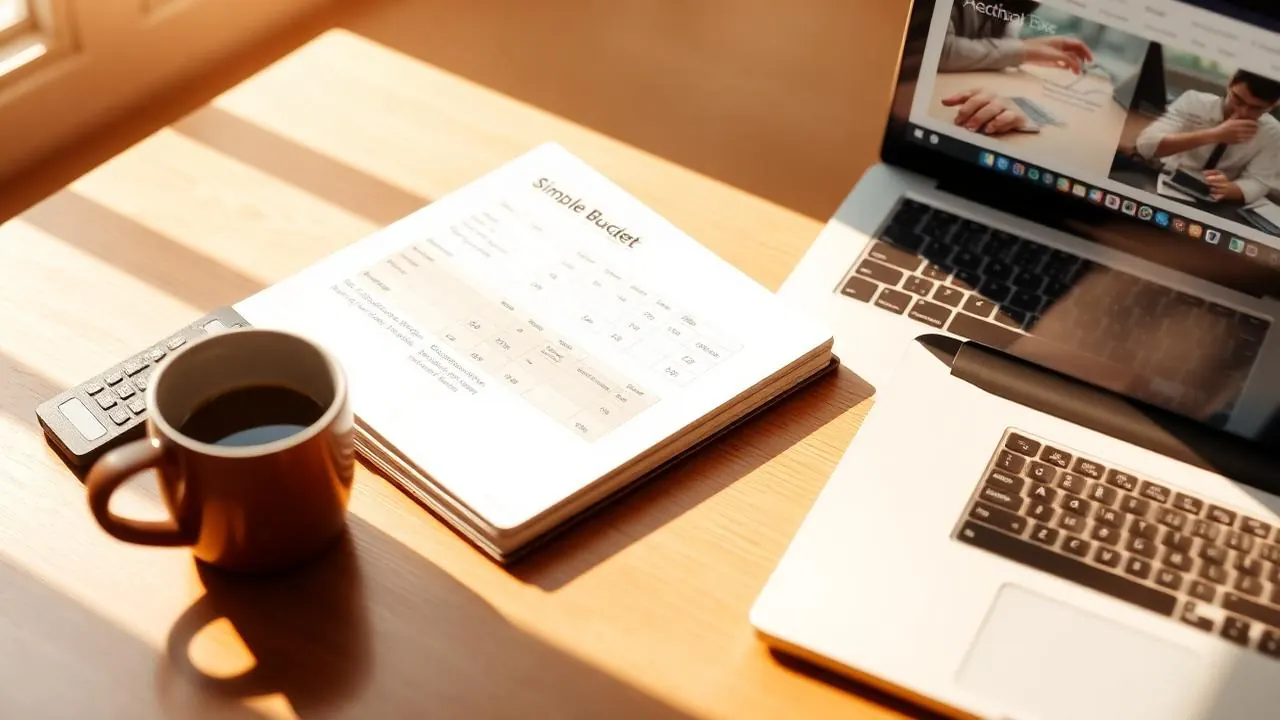Bureau met een uitgewerkte websitebegroting, rekenmachine en laptop