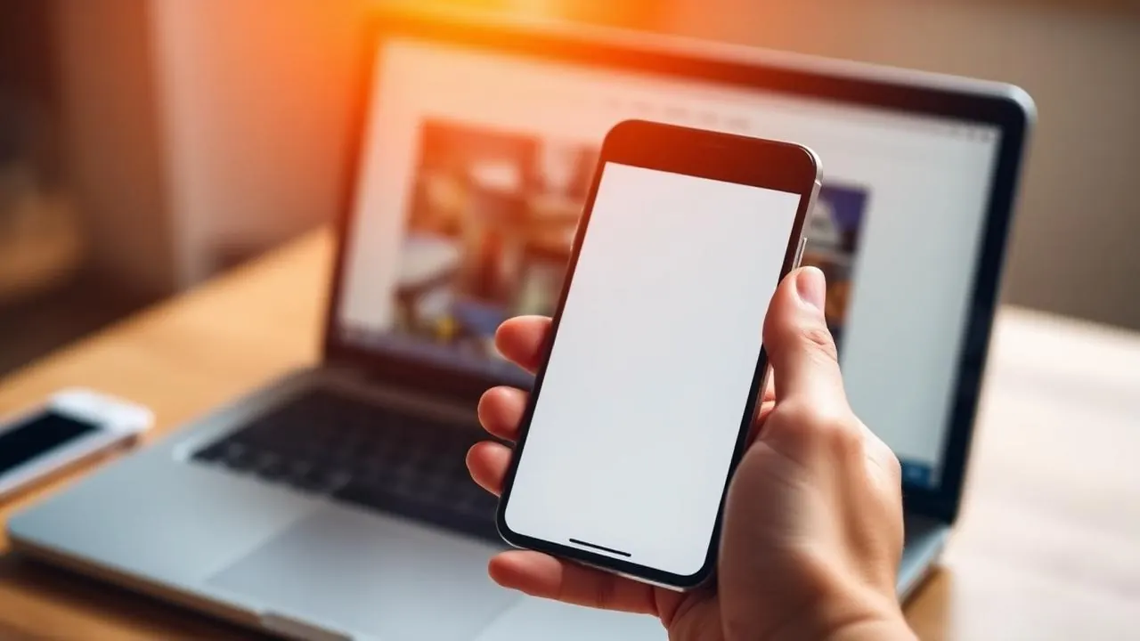 Hand met telefoon waarop een overzichtelijke mobiele website staat