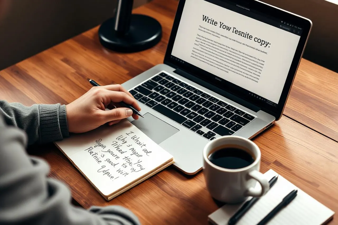 Iemand die webteksten schrijft op een laptop met notities ernaast