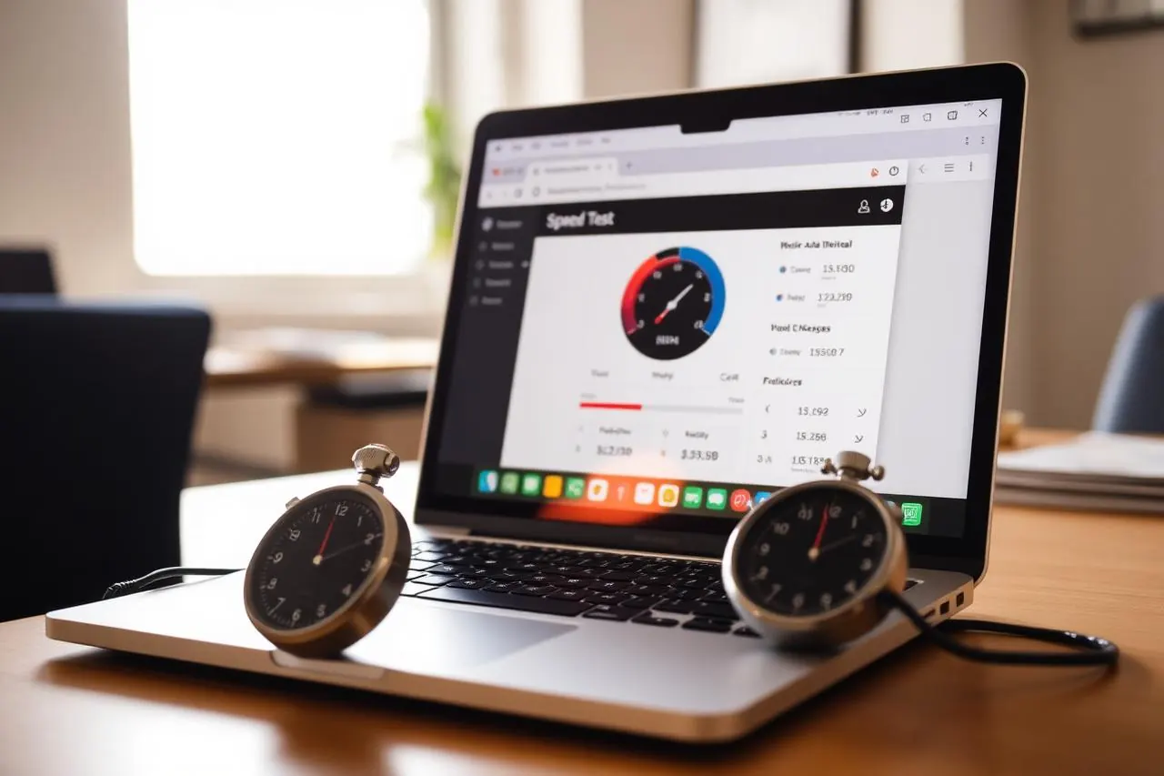 Laptop met een snelheidstest en meetgegevens van een website