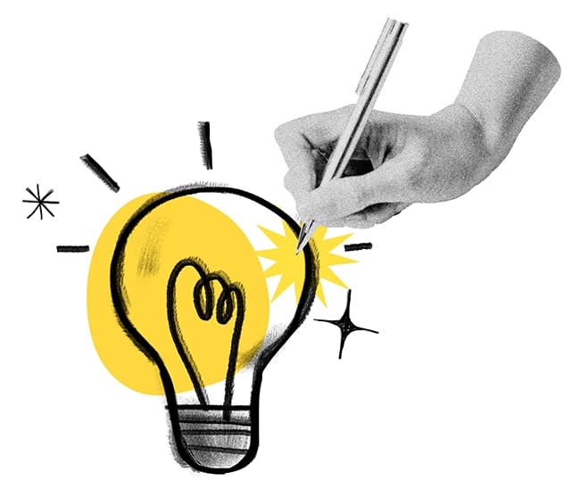 Illustratie van een hand die een gloeilamp tekent